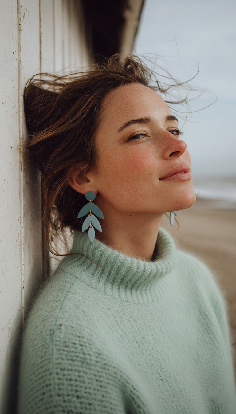 Chica en la playa con pendientes turquesa en forma de espiga